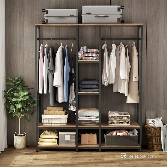 Modern Wood And Metal Clothes Rack With Hanging Folded Clothes Baskets And Storage Boxes 3d model 