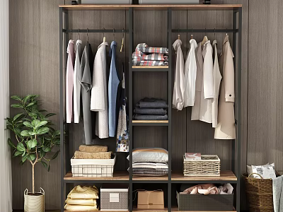 Modern Wood And Metal Clothes Rack With Hanging Folded Clothes Baskets And Storage Boxes 3d model