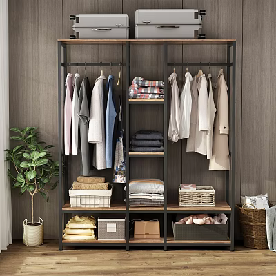 Modern Wood And Metal Clothes Rack With Hanging Folded Clothes Baskets And Storage Boxes 3d model