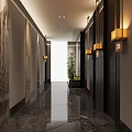 Modern Hotel Corridor With Marble Floor Wall Lamps Wooden Doors And Green Plants