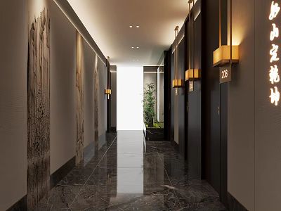 Modern Hotel Corridor With Marble Floor Wall Lamps Wooden Doors And Green Plants 3d model