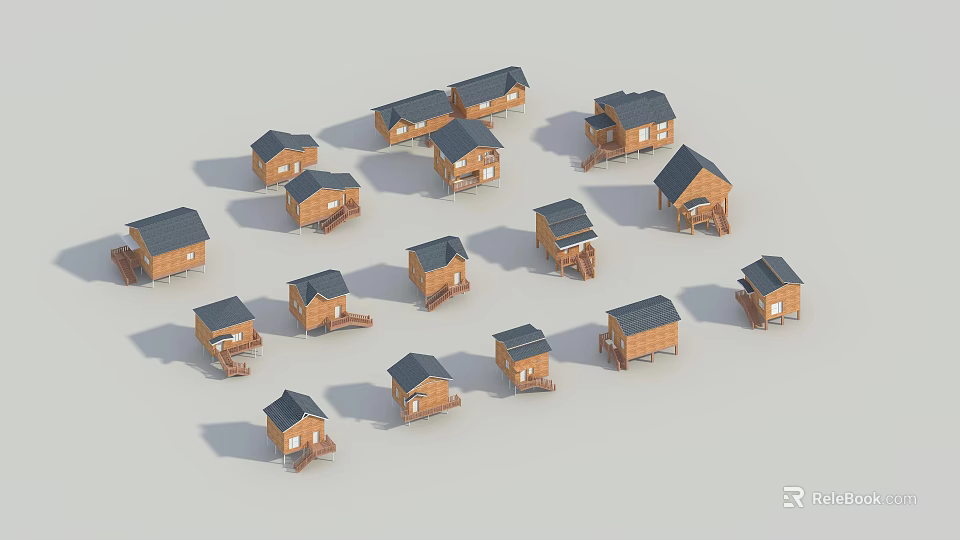 Multiple Wooden Cabins With Dark Roofs Brown Walls And Porches In Various Styles 3d model 