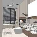 Modern Bathroom with City View Window Blinds Glass Shower Marble Countertop Double Sinks and Plant