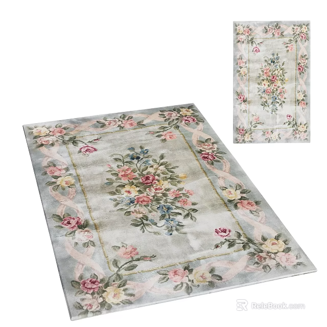 Square Rug Featuring Light Gray Background Floral Pattern With Pink Yellow Flowers And Ornate Border 3d model 
