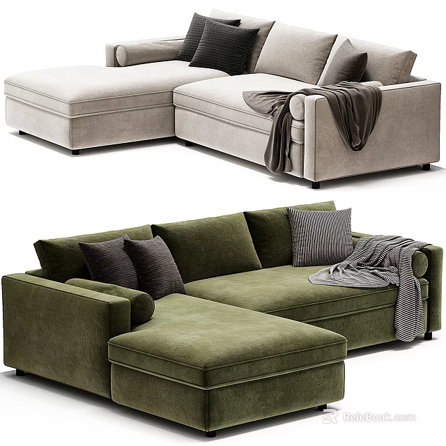L shaped Sectional Sofa in Neutral and Green Tones with Multiple Decorative Cushions and Gray Throw Blanket 3d model 