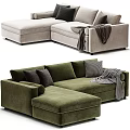 L shaped Sectional Sofa in Neutral and Green Tones with Multiple Decorative Cushions and Gray Throw Blanket