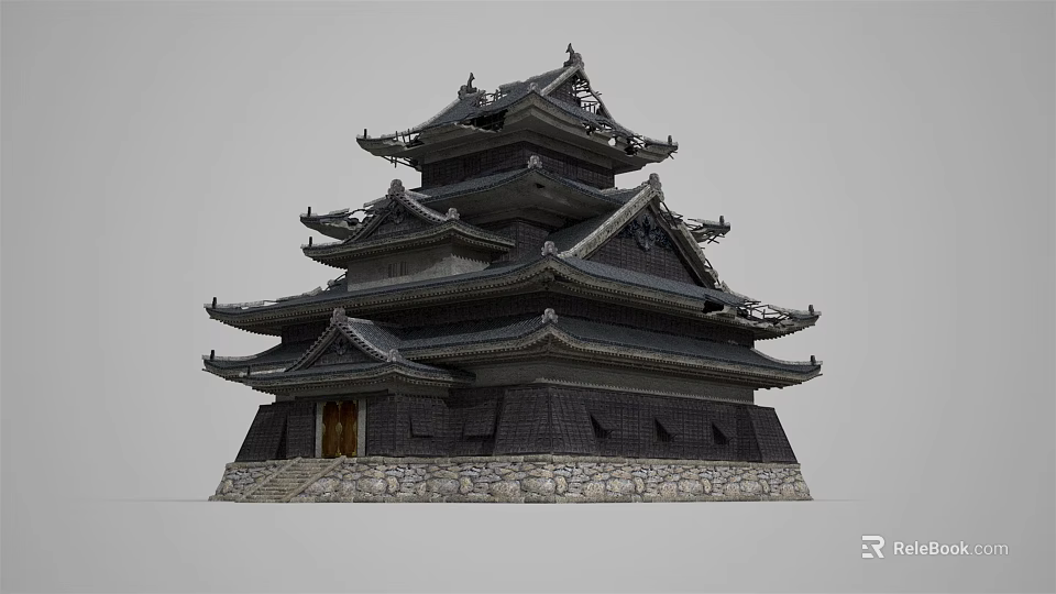Ancient Architecture Tower With Multiple Tiered Roofs Stone Base And Wooden Door 3d model 
