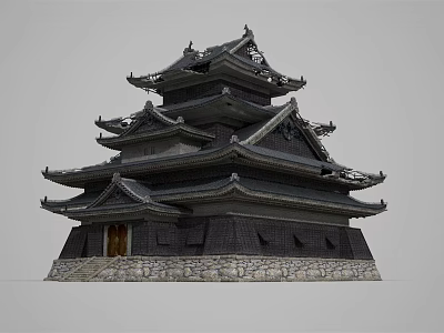 Ancient Architecture Tower With Multiple Tiered Roofs Stone Base And Wooden Door 3d model