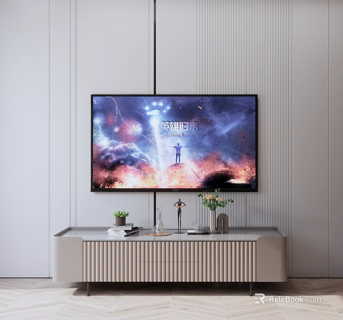 Modern TV Stand with Decorative Vase Plants and Cosmic TV Screen 3d model 