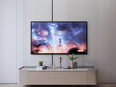 Modern TV Stand with Decorative Vase Plants and Cosmic TV Screen 3d model