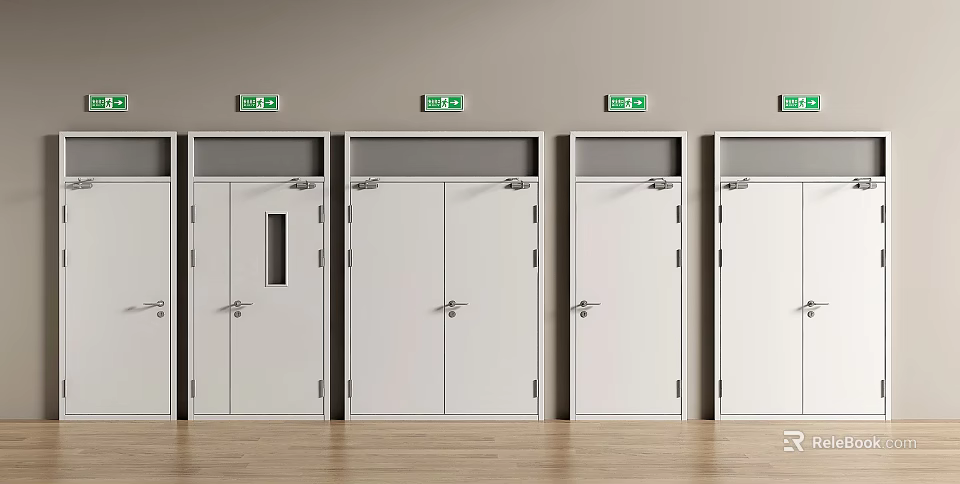 White Double Doors With Glass Panels Emergency Exit Signs Light Colored Walls And Wooden Flooring 3d model 