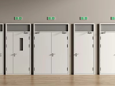 White Double Doors With Glass Panels Emergency Exit Signs Light Colored Walls And Wooden Flooring 3d model