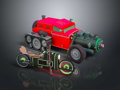Red Utility Vehicle with Vintage Motorcycle Mechanical Details and Large Wheels 3d model