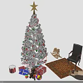 Christmas Tree With Star On Top Decorated With Ornaments Gifts Rocking Horse Chair And Rug