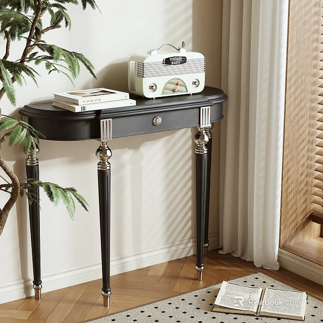 Elegant Black Console Table with Silver Decorative Legs Holding Vintage Radio and Stack of Books 3d model 