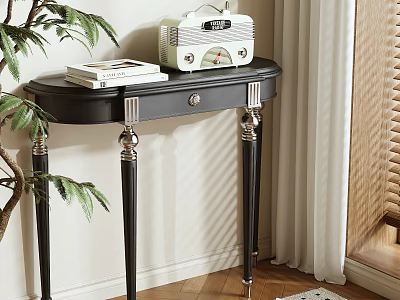 Elegant Black Console Table with Silver Decorative Legs Holding Vintage Radio and Stack of Books 3d model