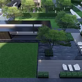 Modern Residential Landscape With Covered Walkway Water Pond Trees Lounge Seats And Wall Lights