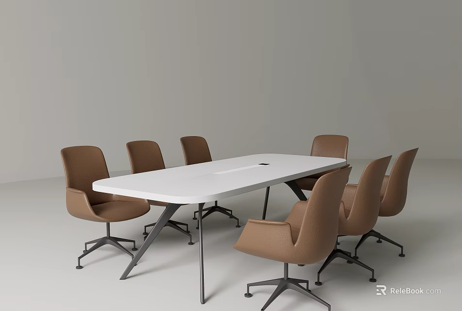 Modern Minimalist Meeting Room Featuring White Rectangular Table Six Brown Chairs And Metal Legs 3d model 