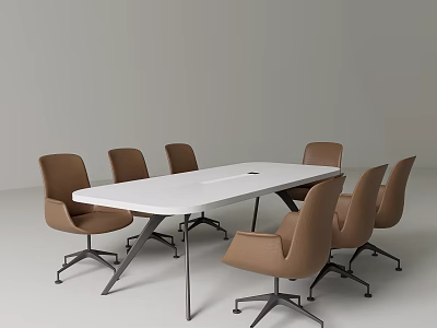 Modern Minimalist Meeting Room Featuring White Rectangular Table Six Brown Chairs And Metal Legs 3d model