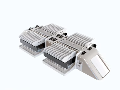 Two Industrial Equipment Units With Multiple Parallel Strips Square Base And Right Inclined Panel 3d model