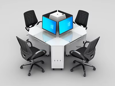 Hexagonal White Office Desk With Four Black Office Chairs And Two Blue Monitors 3d model