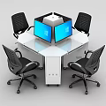 Hexagonal White Office Desk With Four Black Office Chairs And Two Blue Monitors