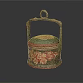 Traditional Woven Handled Storage Box Green Lid Red Body With Floral Patterns