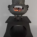 Traditional Cast Iron Stove With Decorative Cutouts And Burning Fire On Wooden Stand