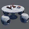 Stone Round Table with Stools Set Featuring Tray Vase Teacups and Books 3d model