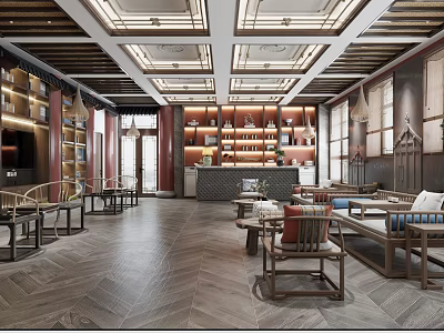 Traditional Chinese Teahouse Interior With Wooden Furniture And Spacious Design 3d model