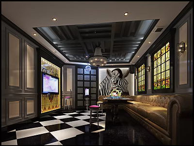 Modern Luxury KTV Interior With Leather Sofa TV Screen And Stained Glass Windows 3d model