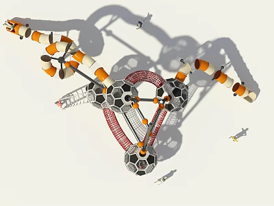 Modern Playground Equipment Featuring Climbing Net Spherical Structures And Orange Black Slides 3d model