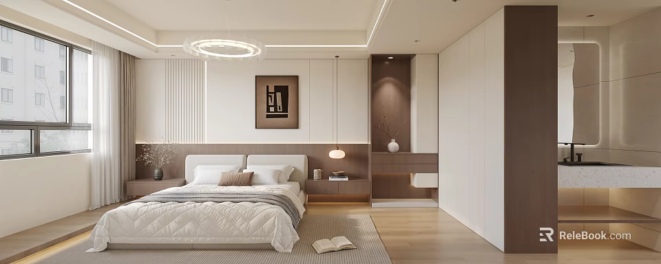 Modern Bedroom Interior With White Bed Round Ceiling Light Wooden Nightstand And Wall Art 3d model 