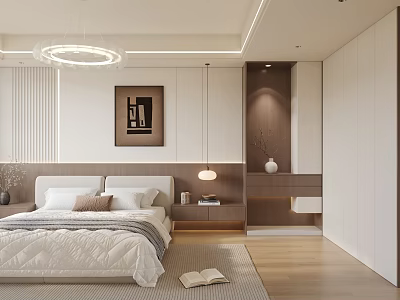 Modern Bedroom Interior With White Bed Round Ceiling Light Wooden Nightstand And Wall Art 3d model
