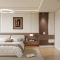 Modern Bedroom Interior With White Bed Round Ceiling Light Wooden Nightstand And Wall Art