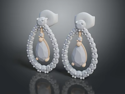 Elegant Geometric Earrings White And Beige With Beaded Decoration And Shiny Design 3d model