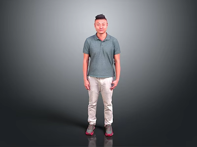 Man Standing in Gray Background Wearing Gray Polo Shirt Beige Pants and Red Gray Shoes 3d model