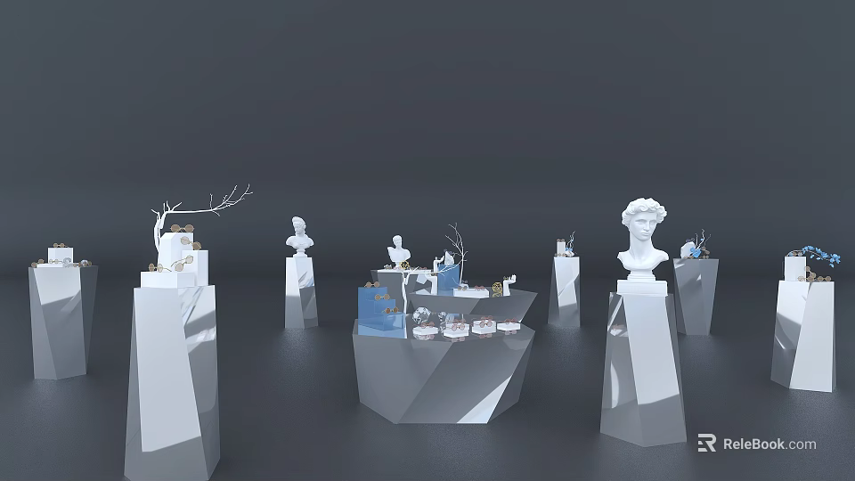 Modern White Display Shelves With Sculptures Busts And Branch Decorations For Art 3d model 