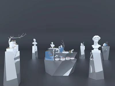 Modern White Display Shelves With Sculptures Busts And Branch Decorations For Art 3d model