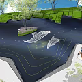 Garden Decor Featuring White Wireframe Whale Sculptures Green Lawn Trees Purple Flowers Ground Star Patterns
