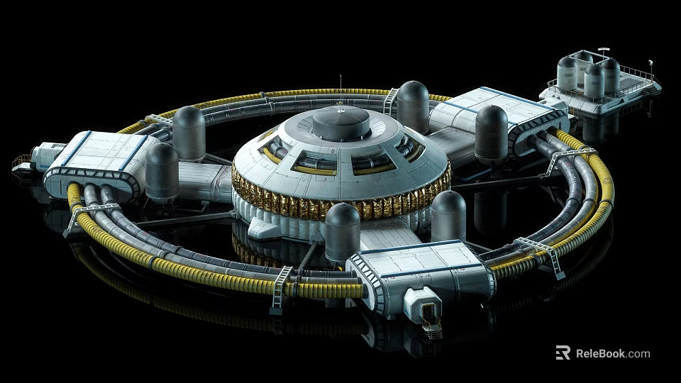 Cartoon Style Futuristic Space Station With Circular Ring Central Dome And Modules 3d model 