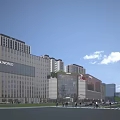 Modern Commercial Street With Glass Buildings And Pedestrians