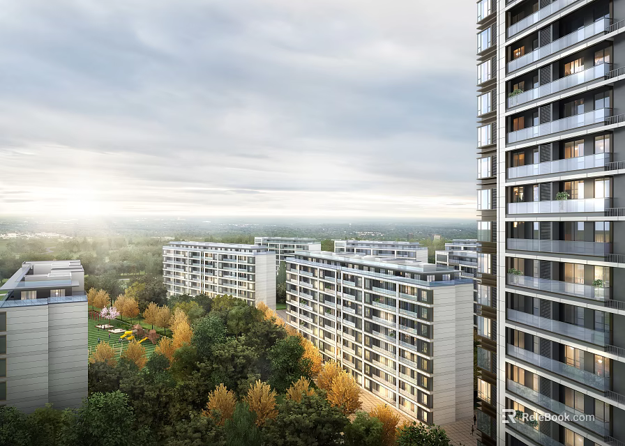 Modern High Rise Residential Buildings Surrounded By Green Trees And Landscaped Areas Under Sunlit Sky 3d model 