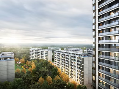 Modern High Rise Residential Buildings Surrounded By Green Trees And Landscaped Areas Under Sunlit Sky 3d model