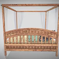 Wooden Four Poster Double Bed With Carved Frame White Canopy And Colorful Pillows
