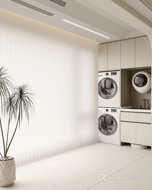 Home Balcony Interior Design With White Curtains Washing Machine Dryer Cabinets And Plants 3d model 