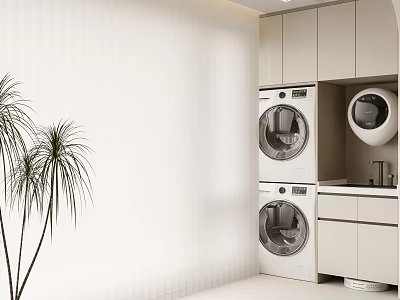 Home Balcony Interior Design With White Curtains Washing Machine Dryer Cabinets And Plants 3d model