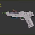 Futuristic Sci Fi Handgun With White Body Blue Accents Green Lights And Scope