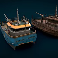 Blue And Old Vessels 3D Model With Deck Equipment And Structures