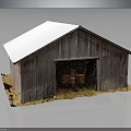 Rustic Wooden Barn Featuring White Roof Open Doorway And Crates Inside On Grass Dirt Base